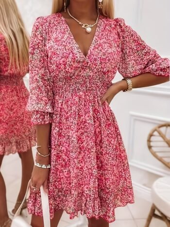 Elegant V-Neck Printed Dress with Ruffled Waist – Chic & Flowy Spring/Autumn Fashion